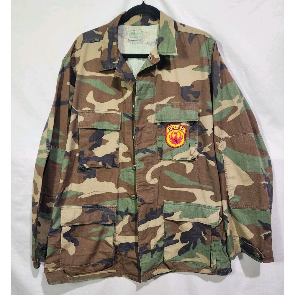 Vintage 90s Military Woodland Camo Combat Coat Medium Long BDU US Army M81 Ruger